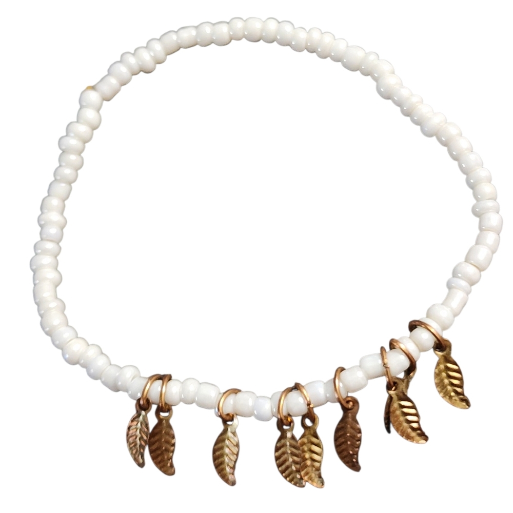 💥4 For $20💥White Beaded Bracelet with Gold Leaf Charms